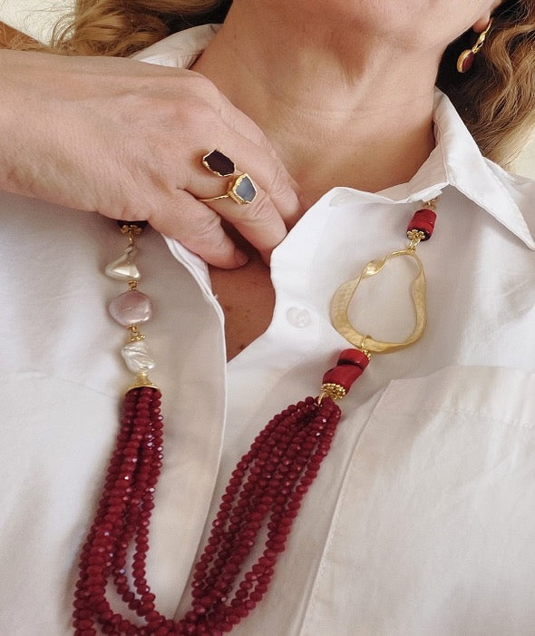 Jewelry Set Necklace Earrings Ring 3 pieces Handmade Gemstones Red Rhodonite Jasper Great Gift for Woman