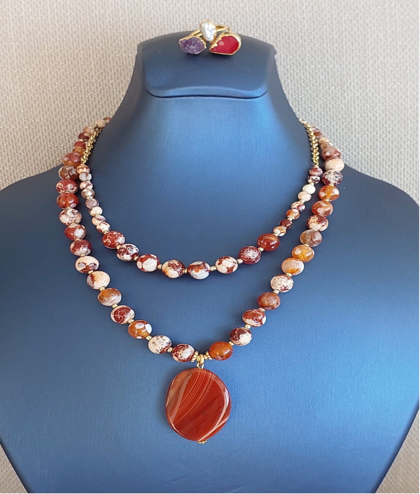 Jewelry Set Necklace Ring Double Layered 2 pieces Handmade Gemstones Peach Jasper Cornelian Great Gift for Woman