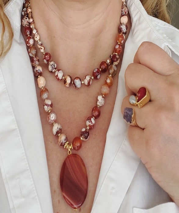 Jewelry Set Necklace Ring Double Layered 2 pieces Handmade Gemstones Peach Jasper Cornelian Great Gift for Woman
