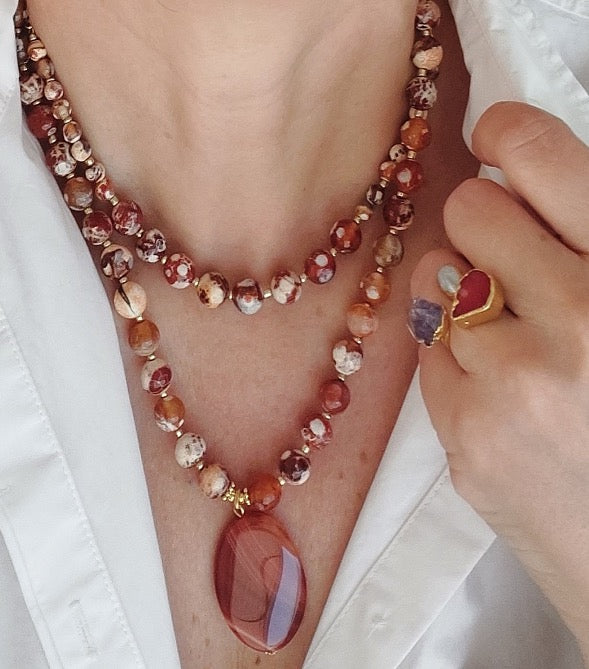 Jewelry Set Necklace Ring Double Layered 2 pieces Handmade Gemstones Peach Jasper Cornelian Great Gift for Woman