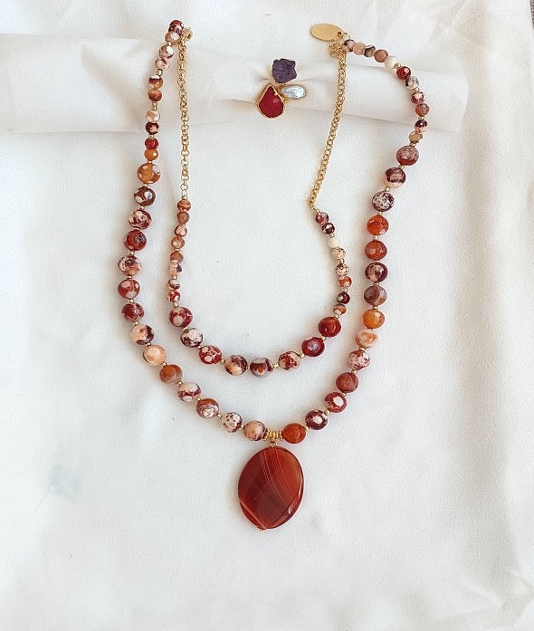 Jewelry Set Necklace Ring Double Layered 2 pieces Handmade Gemstones Peach Jasper Cornelian Great Gift for Woman