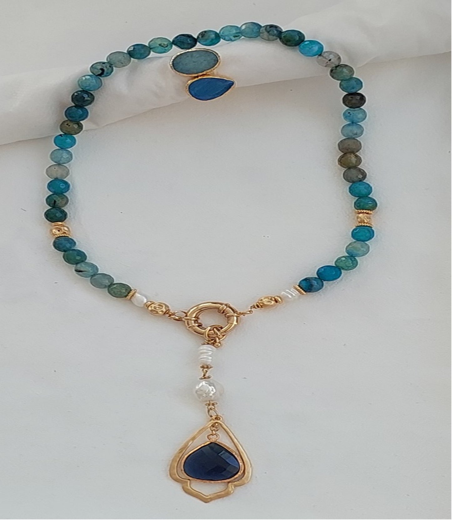 Jewelry Set Necklace Ring Handmade Gemstones Turquoise Aquamarine Blue Pearls Gold Pendant Great Gift for Woman