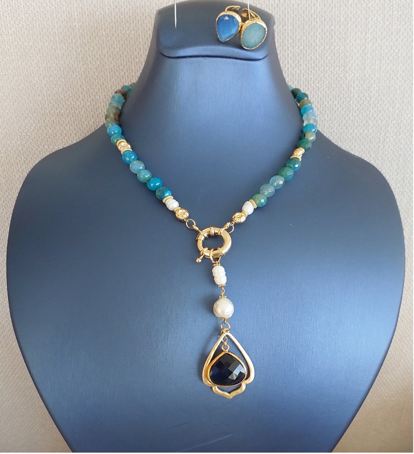 Jewelry Set Necklace Ring Handmade Gemstones Turquoise Aquamarine Blue Pearls Gold Pendant Great Gift for Woman