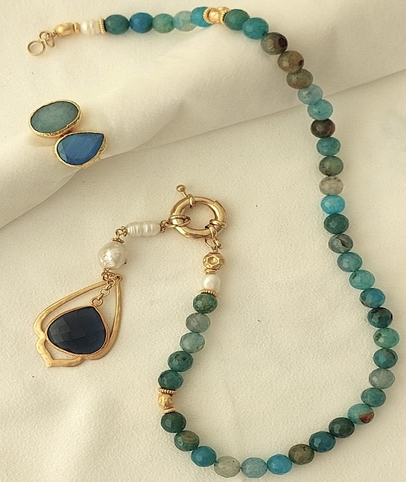 Jewelry Set Necklace Ring Handmade Gemstones Turquoise Aquamarine Blue Pearls Gold Pendant Great Gift for Woman