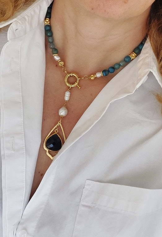 Jewelry Set Necklace Ring Handmade Gemstones Turquoise Aquamarine Blue Pearls Gold Pendant Great Gift for Woman