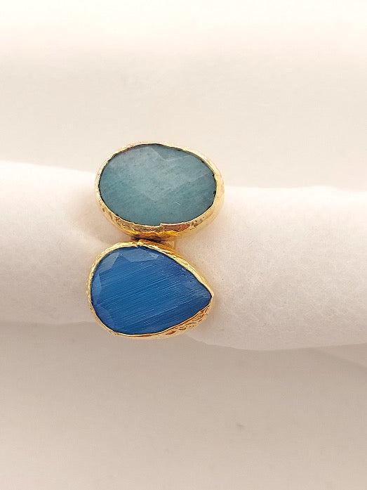 Jewelry Set Necklace Ring Handmade Gemstones Turquoise Aquamarine Blue Pearls Gold Pendant Great Gift for Woman