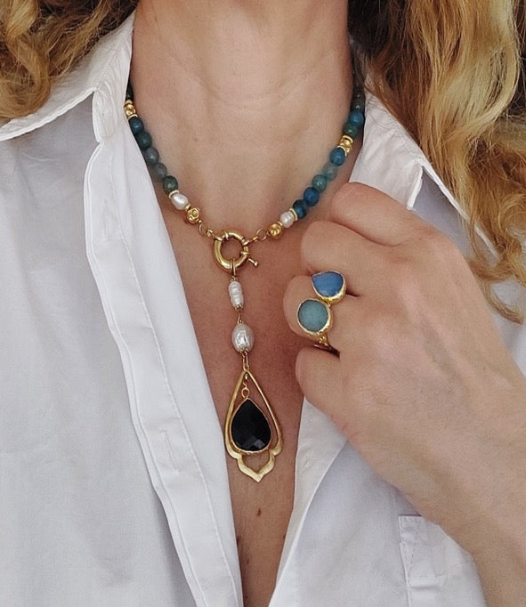 Jewelry Set Necklace Ring Handmade Gemstones Turquoise Aquamarine Blue Pearls Gold Pendant Great Gift for Woman
