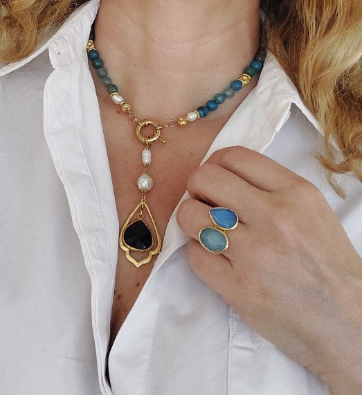 Jewelry Set Necklace Ring Handmade Gemstones Turquoise Aquamarine Blue Pearls Gold Pendant Great Gift for Woman