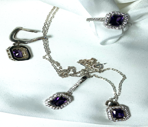 Conjunto de Joyas Amatista Collar Anillo Pendientes Plata S925 Color Morado Zirconias
