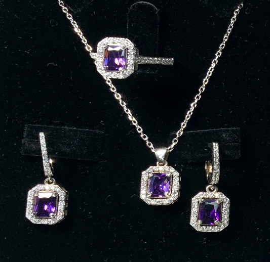 Conjunto de Joyas Amatista Collar Anillo Pendientes Plata S925 Color Morado Zirconias