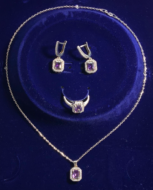 Conjunto de Joyas Amatista Collar Anillo Pendientes Plata S925 Color Morado Zirconias