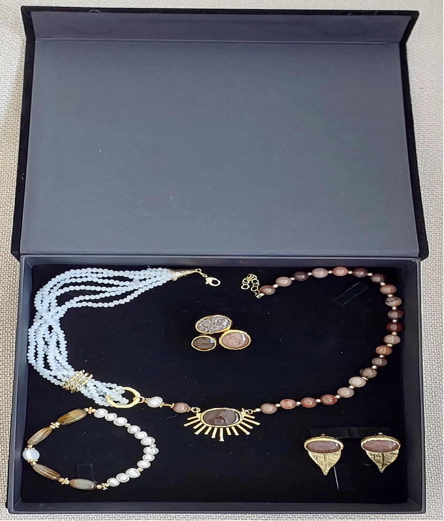 Jewelry Set Asymmetric Necklace Bracelet Ring Earrings Handmade Gemstones Brown Topaz Obsidian Quartz and Pearls Great for Gifts 4 pieces