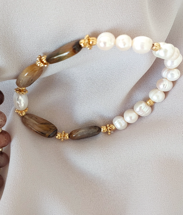 Jewelry Set Asymmetric Necklace Bracelet Ring Earrings Handmade Gemstones Brown Topaz Obsidian Quartz and Pearls Great for Gifts 4 pieces