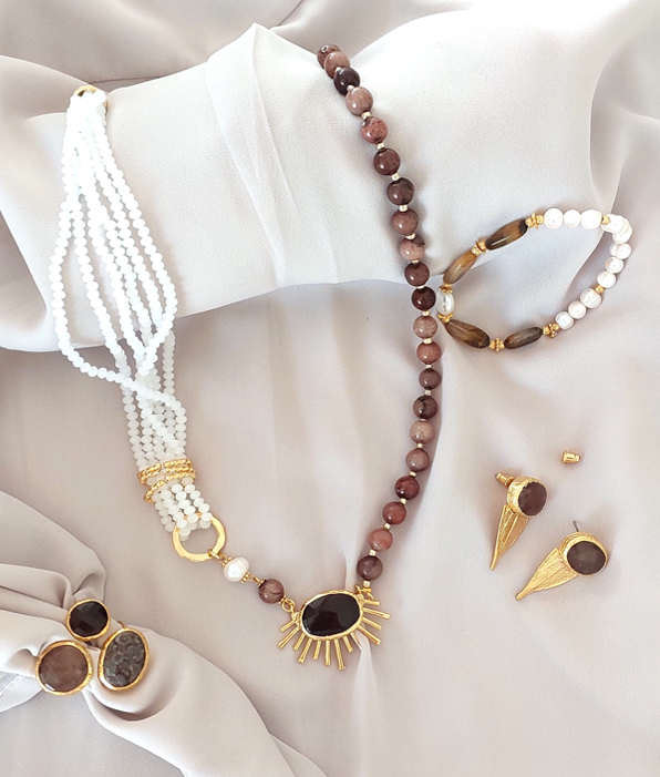 Jewelry Set Asymmetric Necklace Bracelet Ring Earrings Handmade Gemstones Brown Topaz Obsidian Quartz and Pearls Great for Gifts 4 pieces