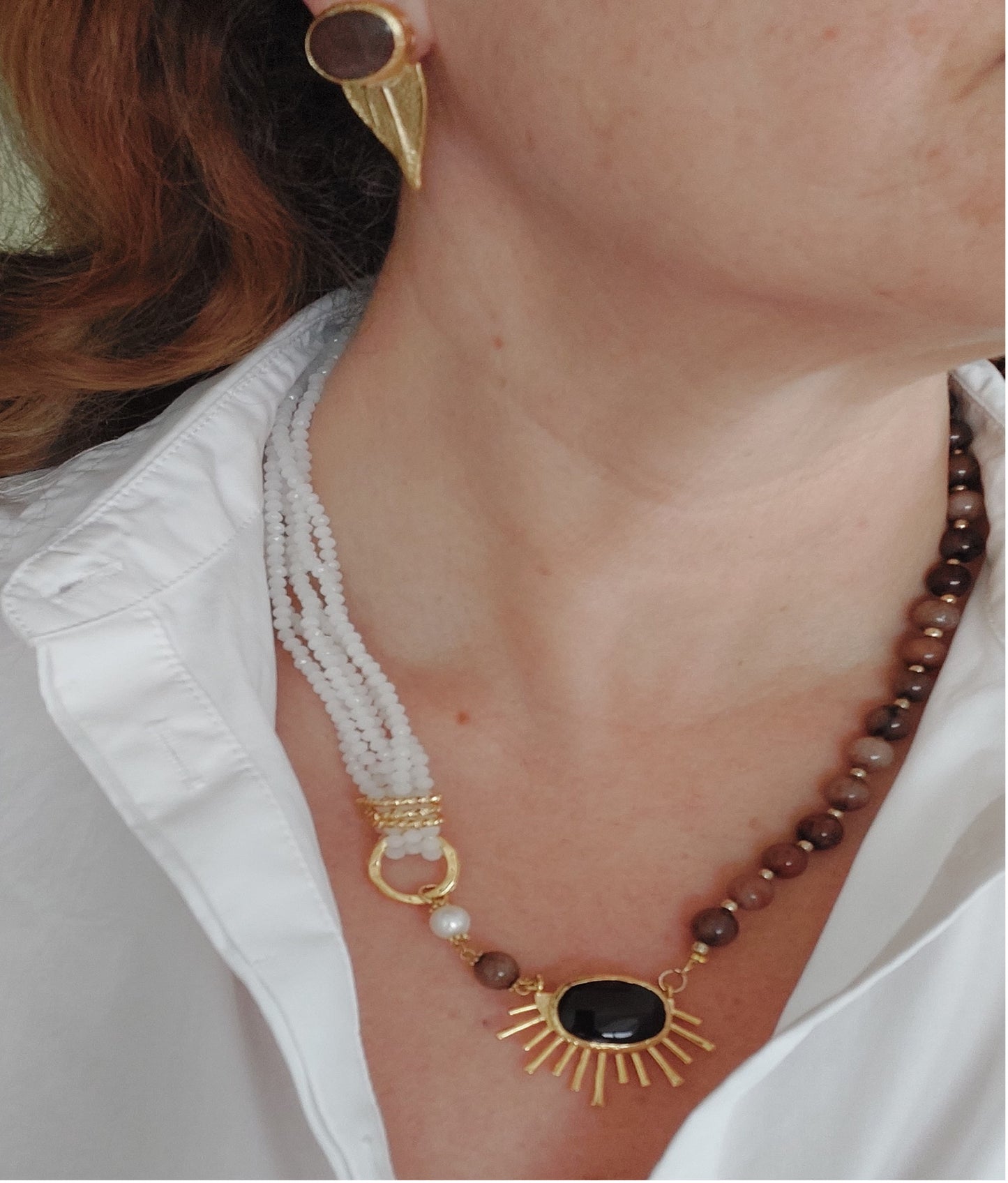 Jewelry Set Asymmetric Necklace Bracelet Ring Earrings Handmade Gemstones Brown Topaz Obsidian Quartz and Pearls Great for Gifts 4 pieces