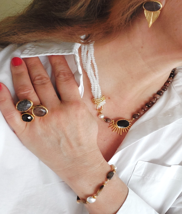 Jewelry Set Asymmetric Necklace Bracelet Ring Earrings Handmade Gemstones Brown Topaz Obsidian Quartz and Pearls Great for Gifts 4 pieces