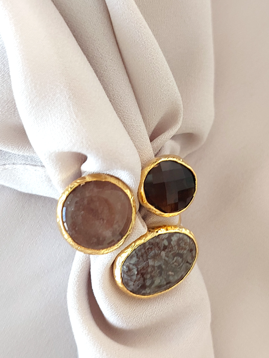 Jewelry Set Asymmetric Necklace Bracelet Ring Earrings Handmade Gemstones Brown Topaz Obsidian Quartz and Pearls Great for Gifts 4 pieces