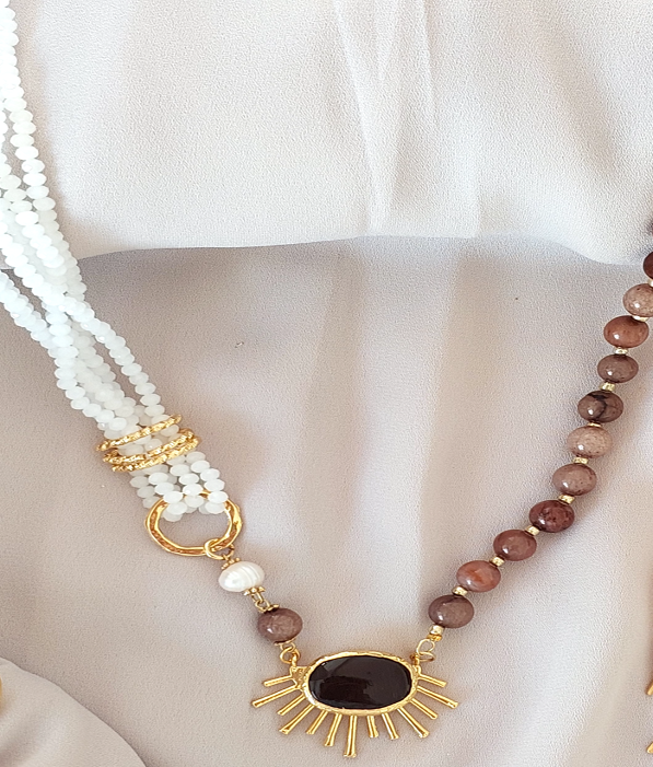 Jewelry Set Asymmetric Necklace Bracelet Ring Earrings Handmade Gemstones Brown Topaz Obsidian Quartz and Pearls Great for Gifts 4 pieces