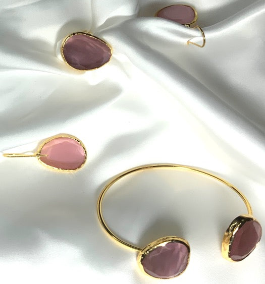 Conjunto de Joyas Brazalete Anillo Pendientes Cuarzo Rosa Color Oro