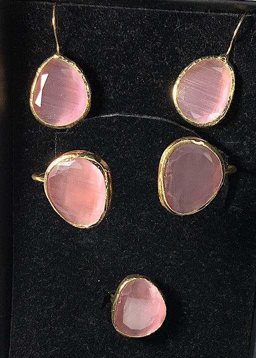 Conjunto de Joyas Brazalete Anillo Pendientes Cuarzo Rosa Color Oro