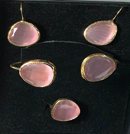 Conjunto de Joyas Brazalete Anillo Pendientes Cuarzo Rosa Color Oro