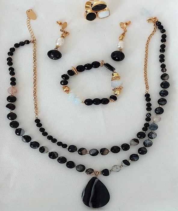 Jewelry Set Double Layered Necklace Bracelet Ring Earrings Handmade Gemstones Agate Onyx Black Stones Great for Gifts 4 pieces.