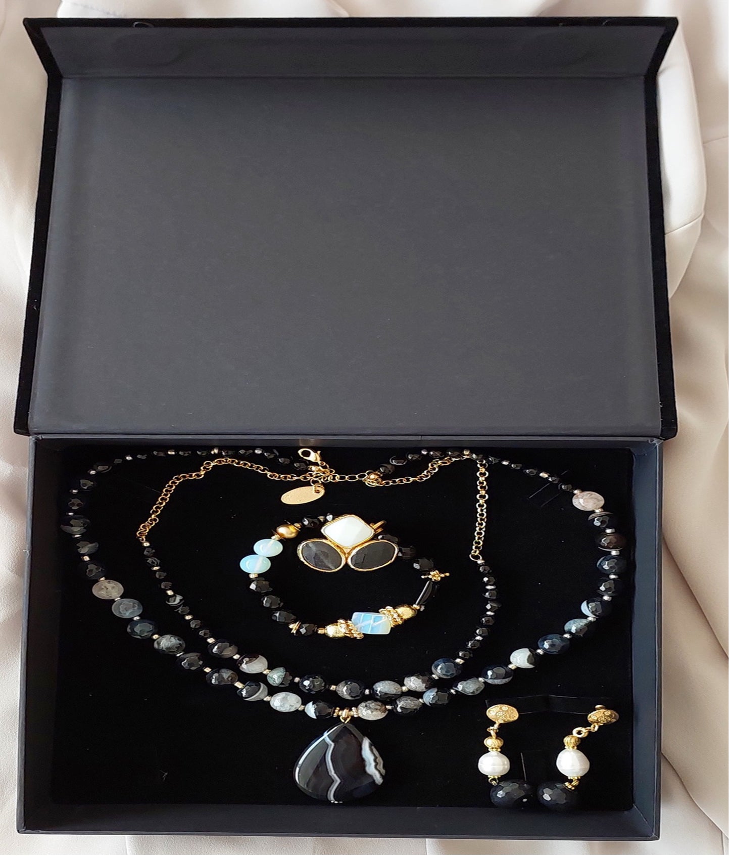 Jewelry Set Double Layered Necklace Bracelet Ring Earrings Handmade Gemstones Agate Onyx Black Stones Great for Gifts 4 pieces.