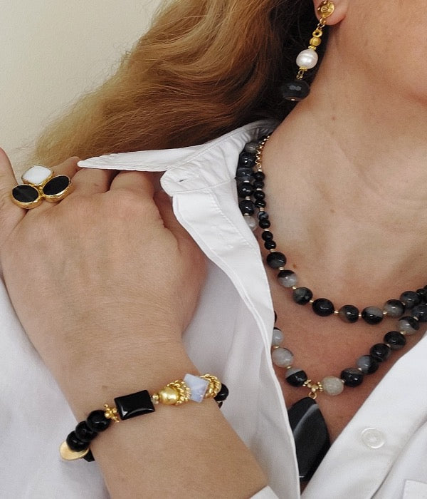 Jewelry Set Double Layered Necklace Bracelet Ring Earrings Handmade Gemstones Agate Onyx Black Stones Great for Gifts 4 pieces.