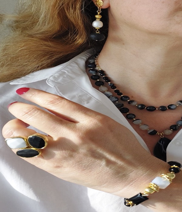 Jewelry Set Double Layered Necklace Bracelet Ring Earrings Handmade Gemstones Agate Onyx Black Stones Great for Gifts 4 pieces.