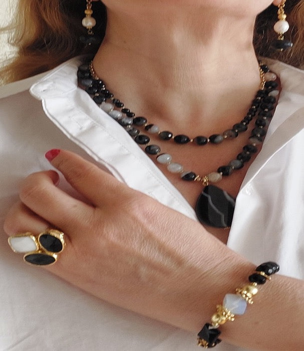 Jewelry Set Double Layered Necklace Bracelet Ring Earrings Handmade Gemstones Agate Onyx Black Stones Great for Gifts 4 pieces.