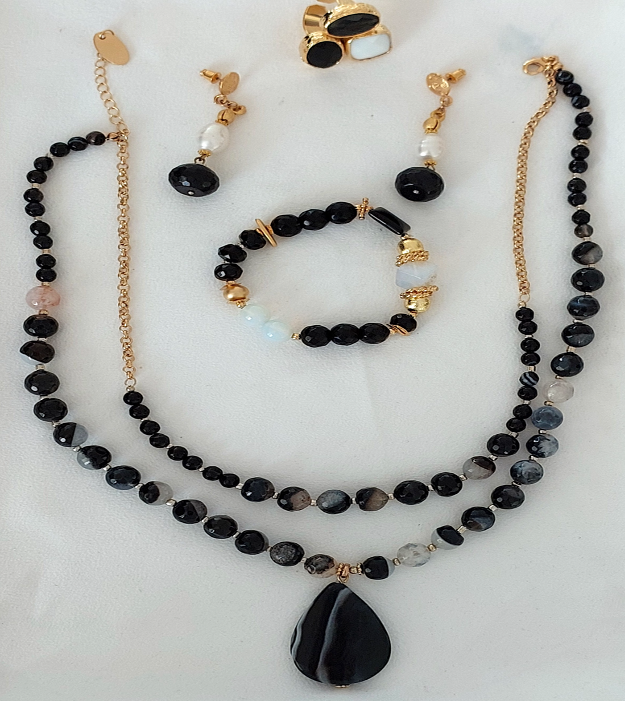 Jewelry Set Double Layered Necklace Bracelet Ring Earrings Handmade Gemstones Agate Onyx Black Stones Great for Gifts 4 pieces.