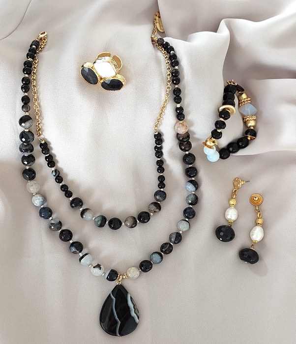 Jewelry Set Double Layered Necklace Bracelet Ring Earrings Handmade Gemstones Agate Onyx Black Stones Great for Gifts 4 pieces.
