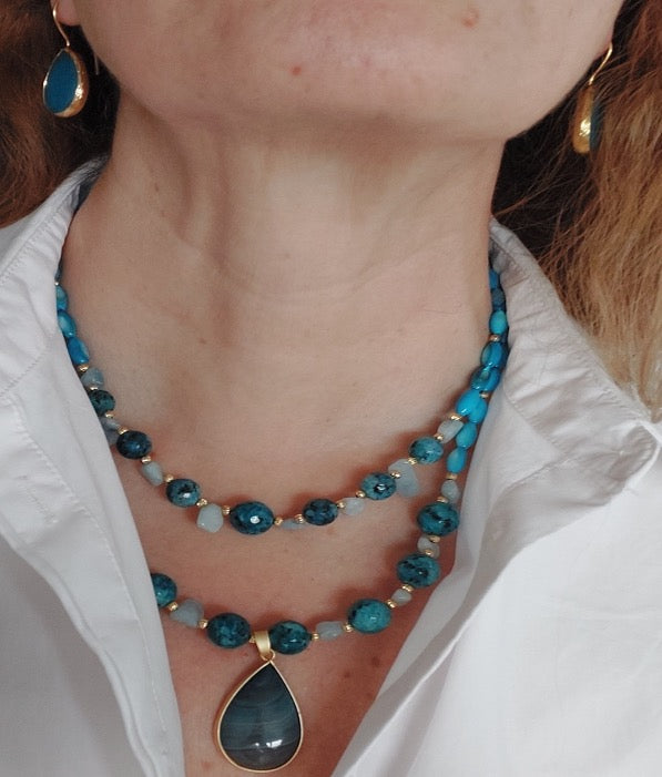 Jewelry Set Double layer Necklace Bracelet Ring Earrings Handmade Gemstones Blue Apatite Stones Great for Gifts 4 pieces