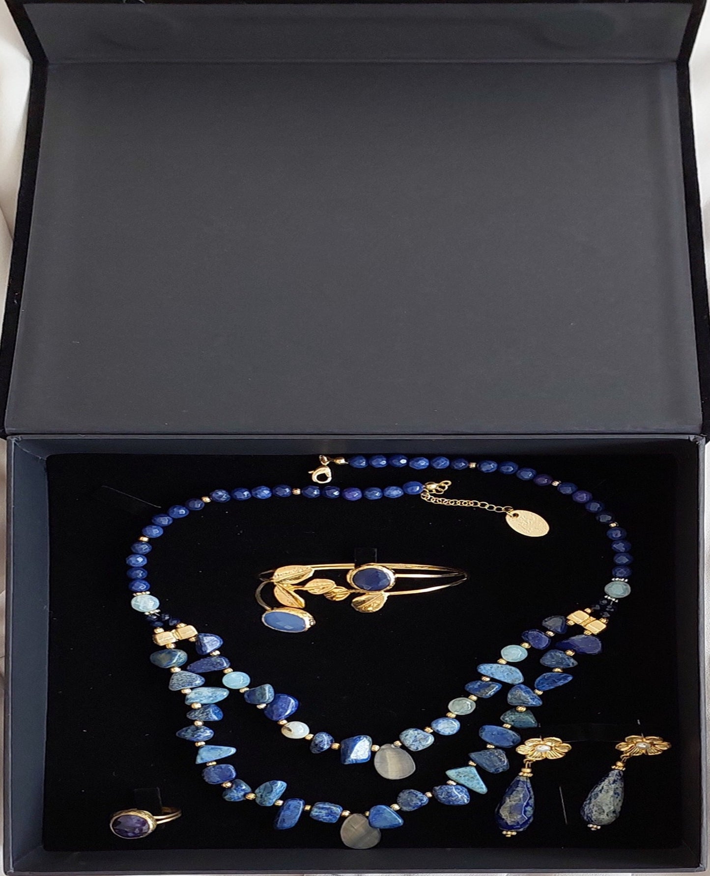 Jewelry Set Double Layered Necklace Bracelet Ring Earrings Handmade Gemstones Blue Sodalite Lazurite Stones Great for Gifts 4 pieces