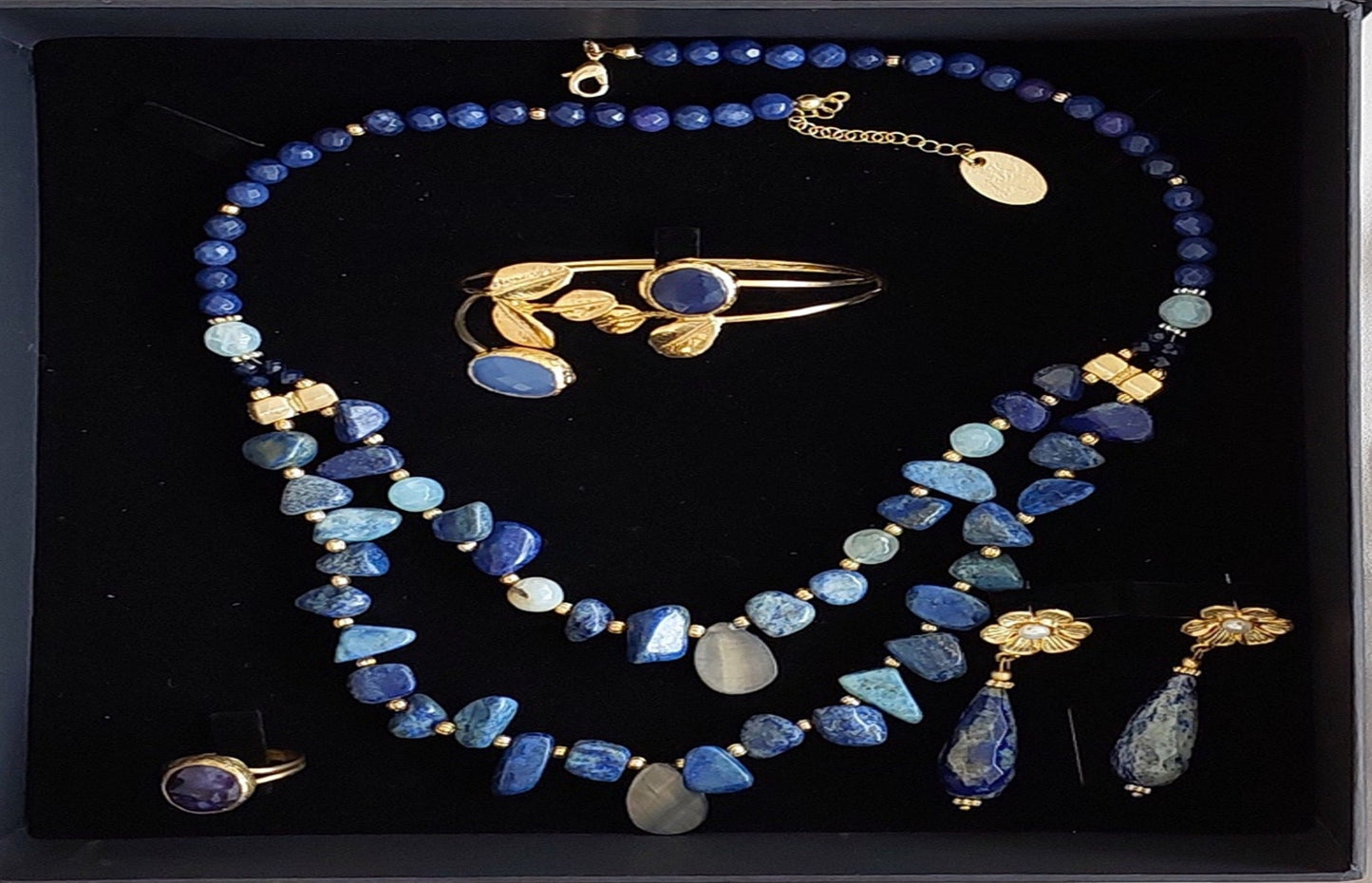 Jewelry Set Double Layered Necklace Bracelet Ring Earrings Handmade Gemstones Blue Sodalite Lazurite Stones Great for Gifts 4 pieces