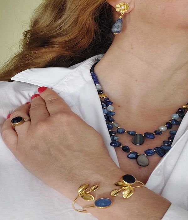 Jewelry Set Double Layered Necklace Bracelet Ring Earrings Handmade Gemstones Blue Sodalite Lazurite Stones Great for Gifts 4 pieces