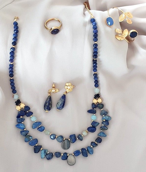 Jewelry Set Double Layered Necklace Bracelet Ring Earrings Handmade Gemstones Blue Sodalite Lazurite Stones Great for Gifts 4 pieces