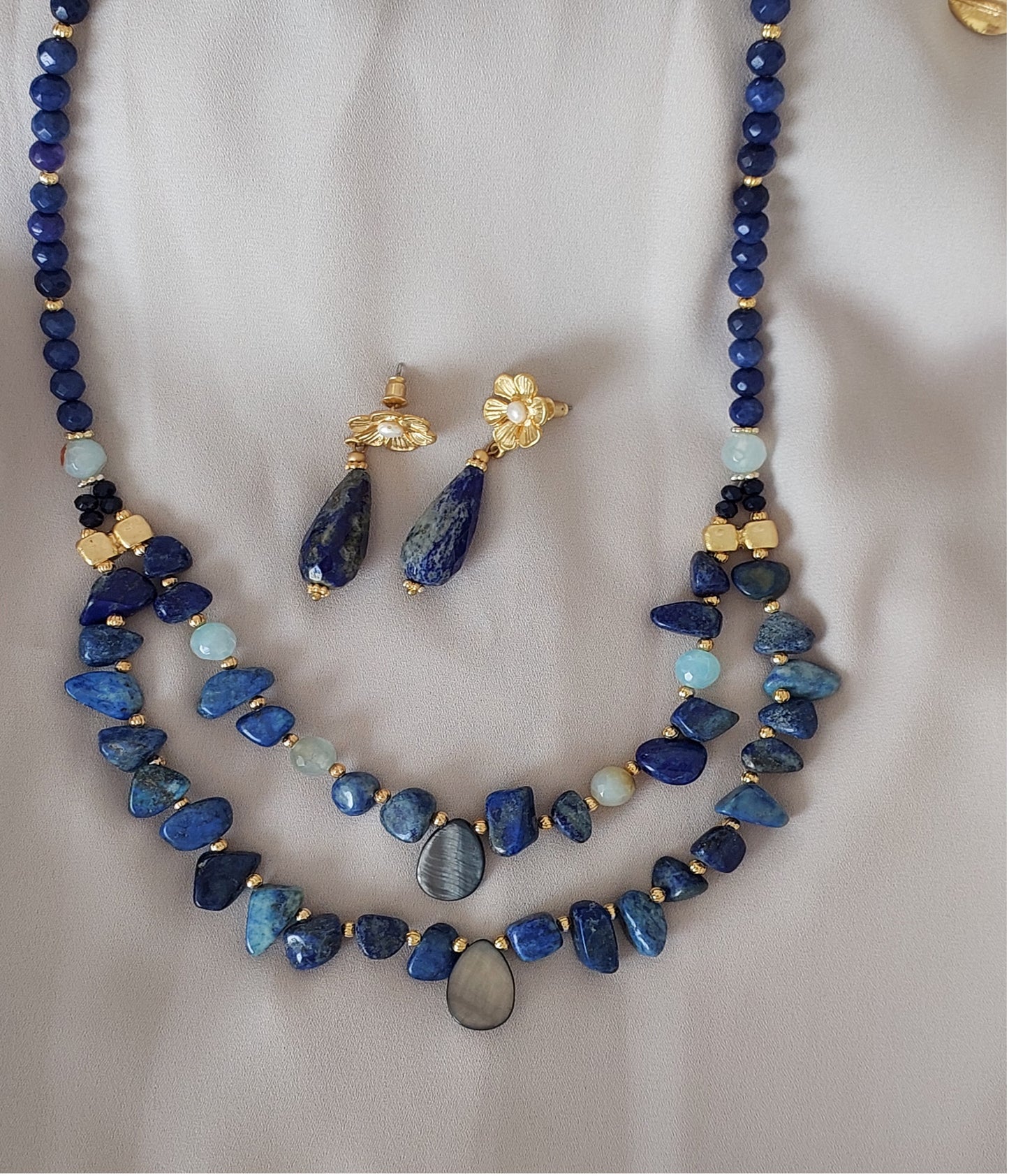 Jewelry Set Double Layered Necklace Bracelet Ring Earrings Handmade Gemstones Blue Sodalite Lazurite Stones Great for Gifts 4 pieces