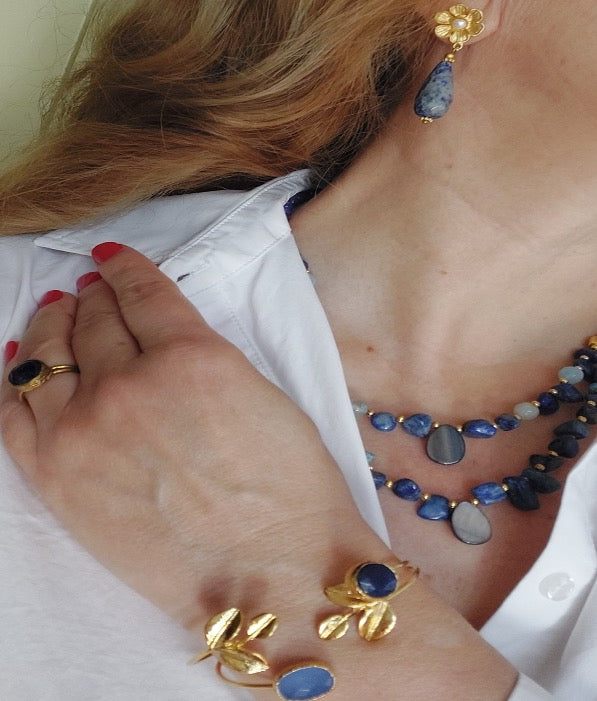 Jewelry Set Double Layered Necklace Bracelet Ring Earrings Handmade Gemstones Blue Sodalite Lazurite Stones Great for Gifts 4 pieces