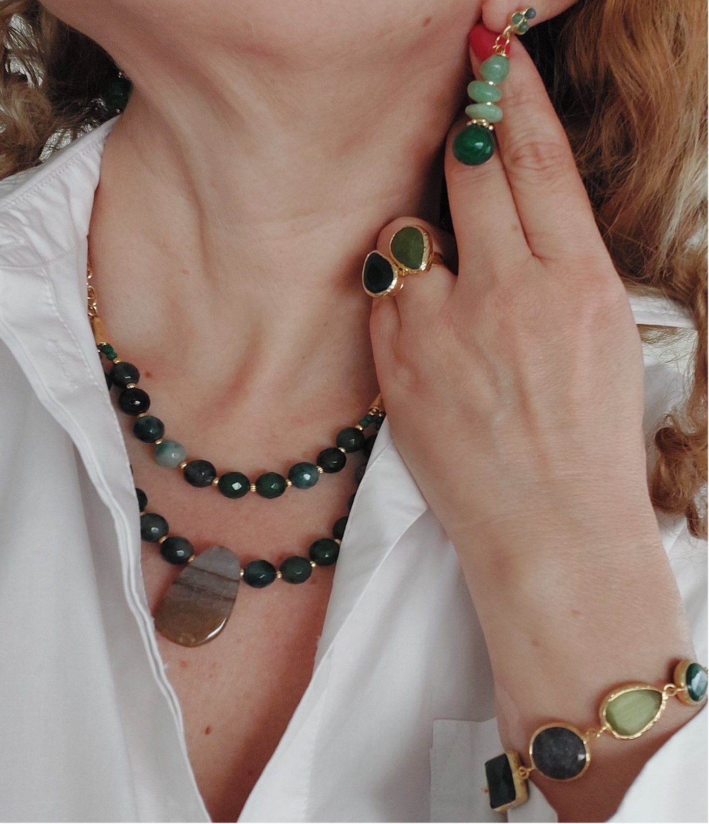 Jewelry Set Double Layered Necklace Earrings Bracelet Ring handmade Gemstones Green Epidote Agate Aventurine Great Gift for Woman 4 pieces