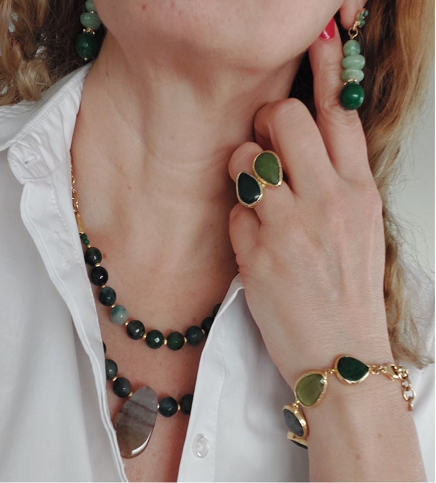 Jewelry Set Double Layered Necklace Earrings Bracelet Ring handmade Gemstones Green Epidote Agate Aventurine Great Gift for Woman 4 pieces