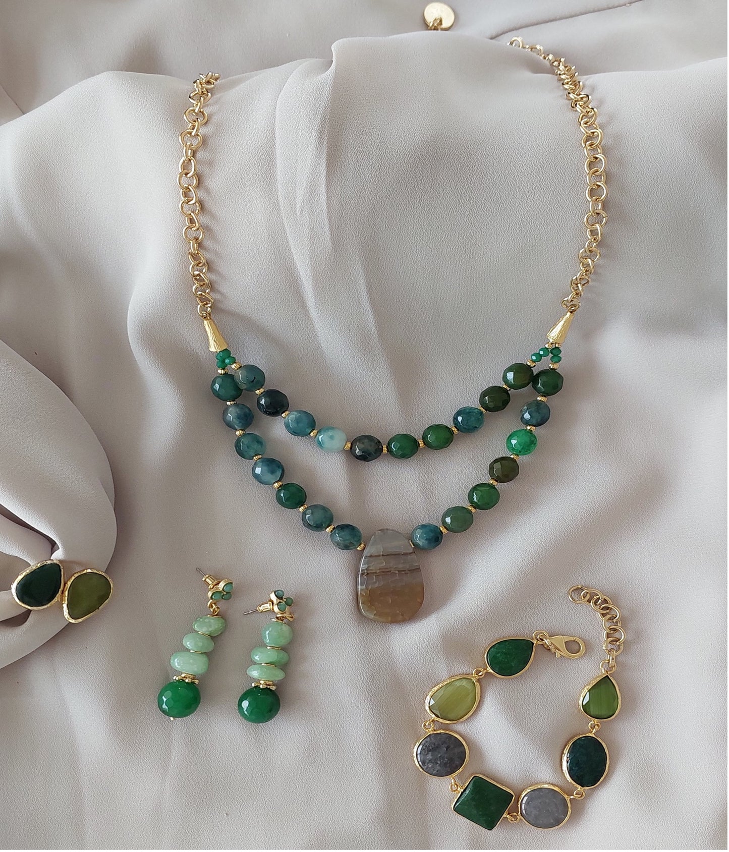 Jewelry Set Double Layered Necklace Earrings Bracelet Ring handmade Gemstones Green Epidote Agate Aventurine Great Gift for Woman 4 pieces