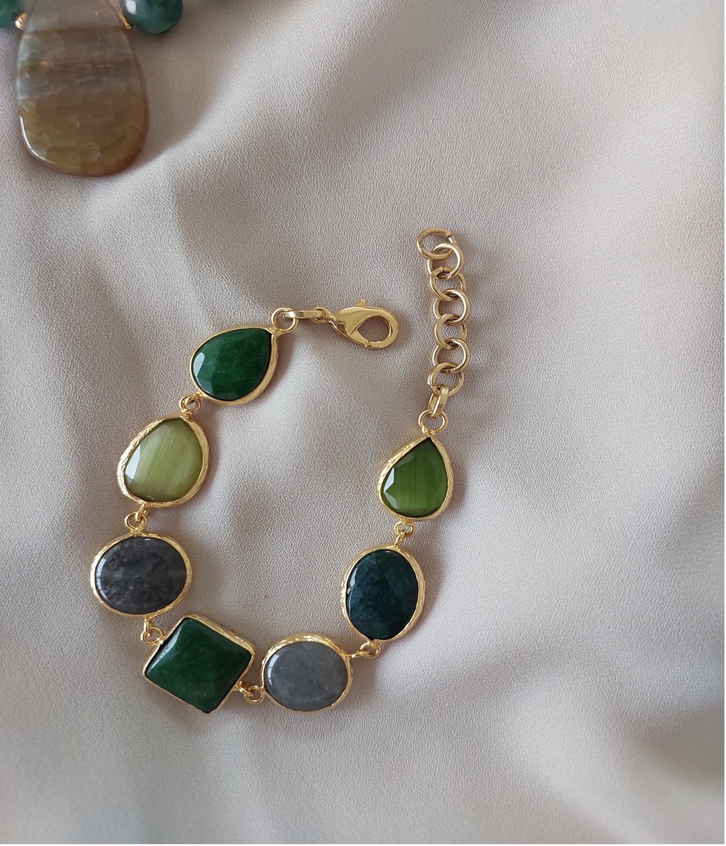 Jewelry Set Double Layered Necklace Earrings Bracelet Ring handmade Gemstones Green Epidote Agate Aventurine Great Gift for Woman 4 pieces