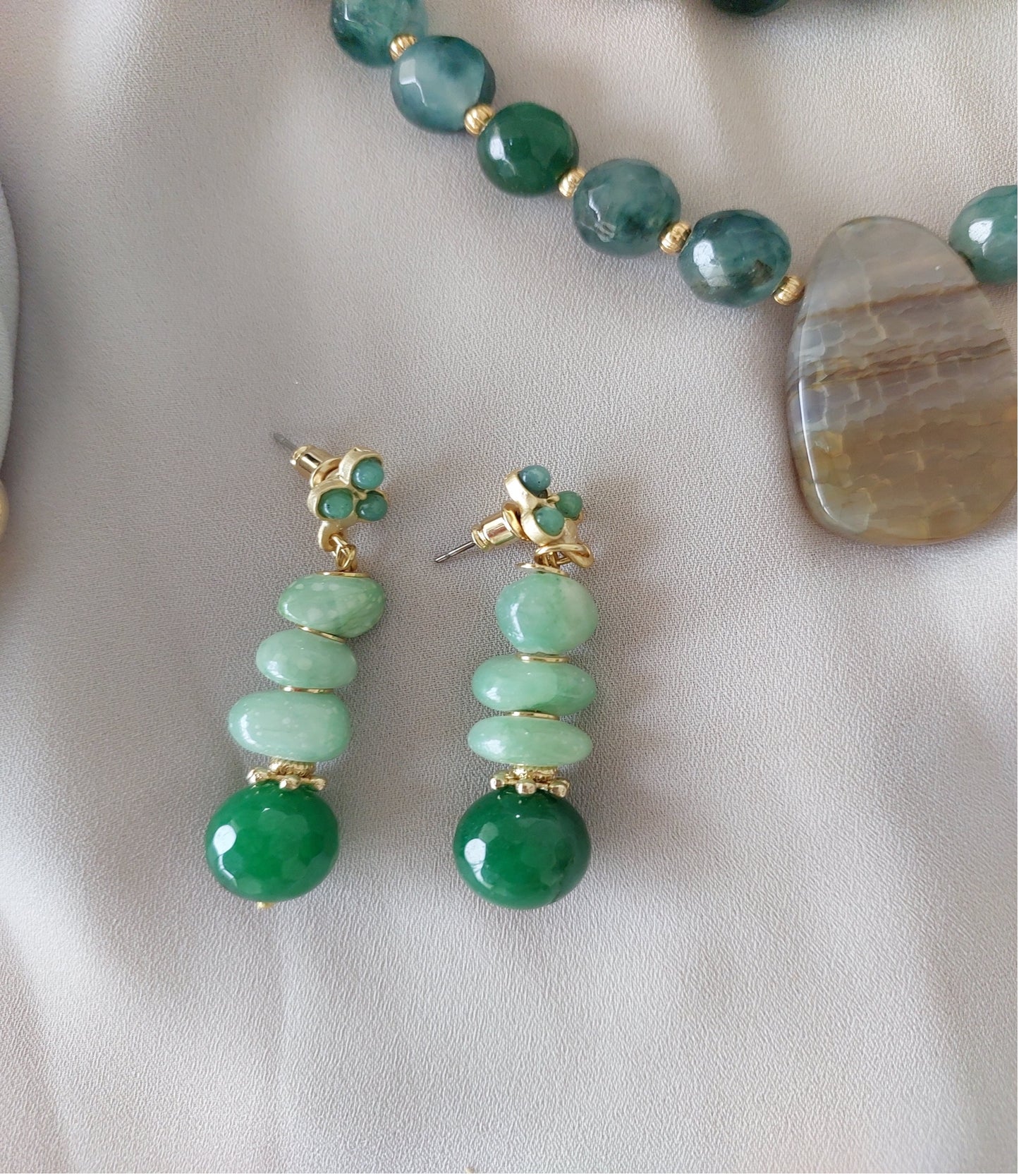 Jewelry Set Double Layered Necklace Earrings Bracelet Ring handmade Gemstones Green Epidote Agate Aventurine Great Gift for Woman 4 pieces