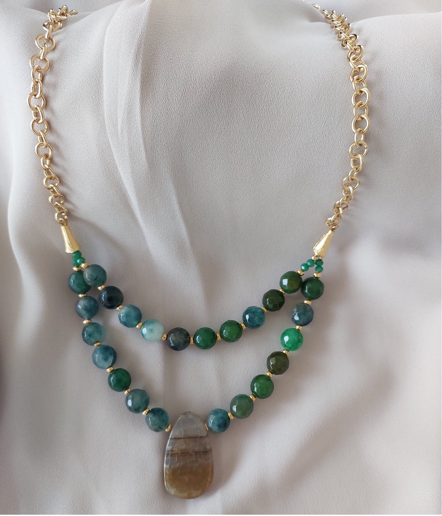 Jewelry Set Double Layered Necklace Earrings Bracelet Ring handmade Gemstones Green Epidote Agate Aventurine Great Gift for Woman 4 pieces