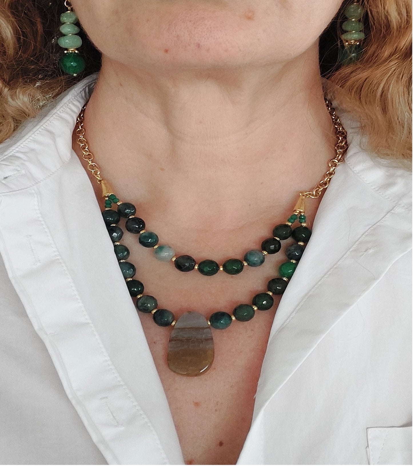 Jewelry Set Double Layered Necklace Earrings Bracelet Ring handmade Gemstones Green Epidote Agate Aventurine Great Gift for Woman 4 pieces
