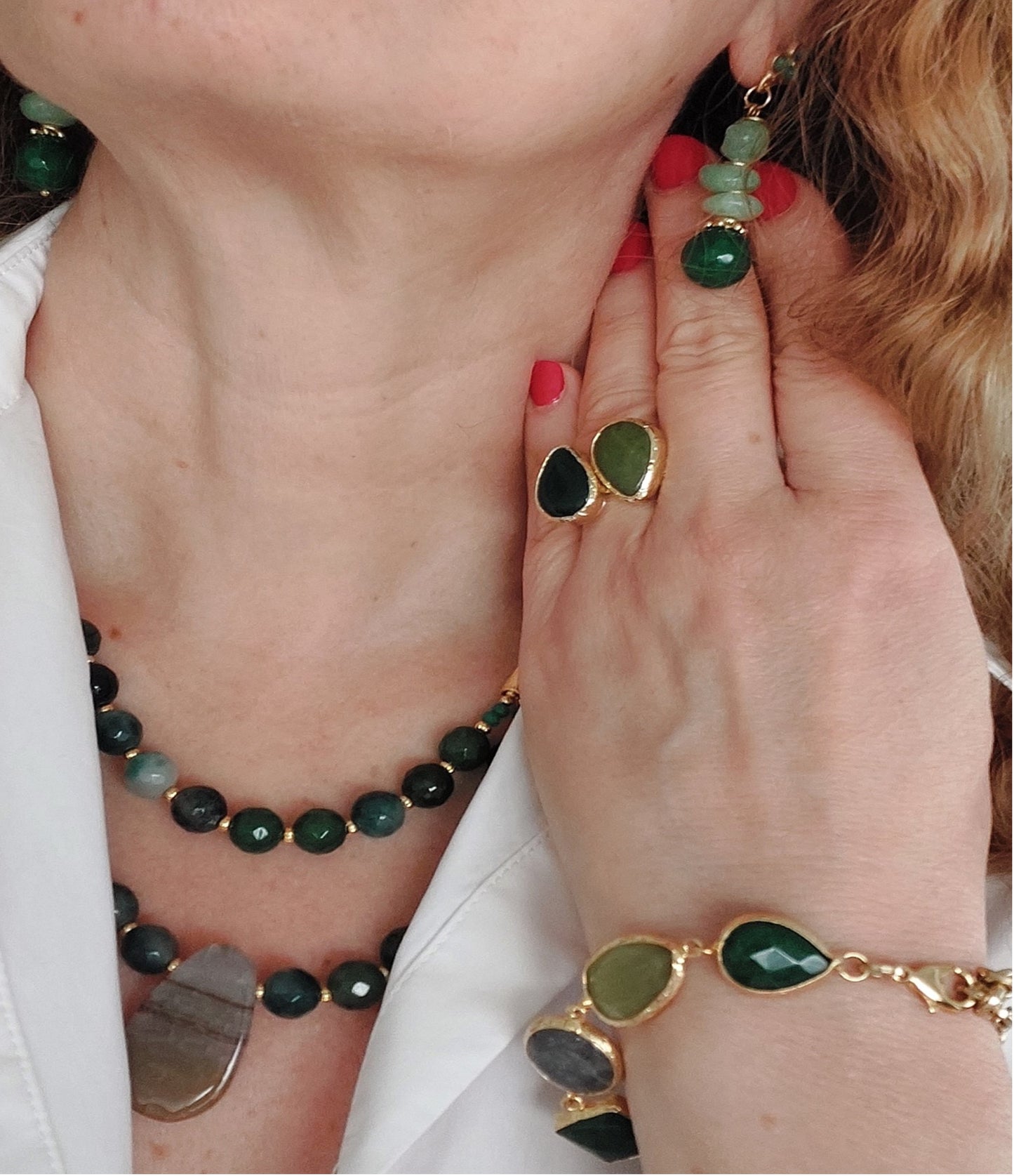 Jewelry Set Double Layered Necklace Earrings Bracelet Ring handmade Gemstones Green Epidote Agate Aventurine Great Gift for Woman 4 pieces