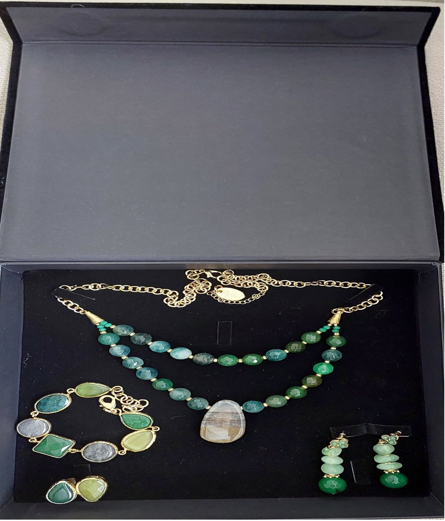 Jewelry Set Double Layered Necklace Earrings Bracelet Ring handmade Gemstones Green Epidote Agate Aventurine Great Gift for Woman 4 pieces