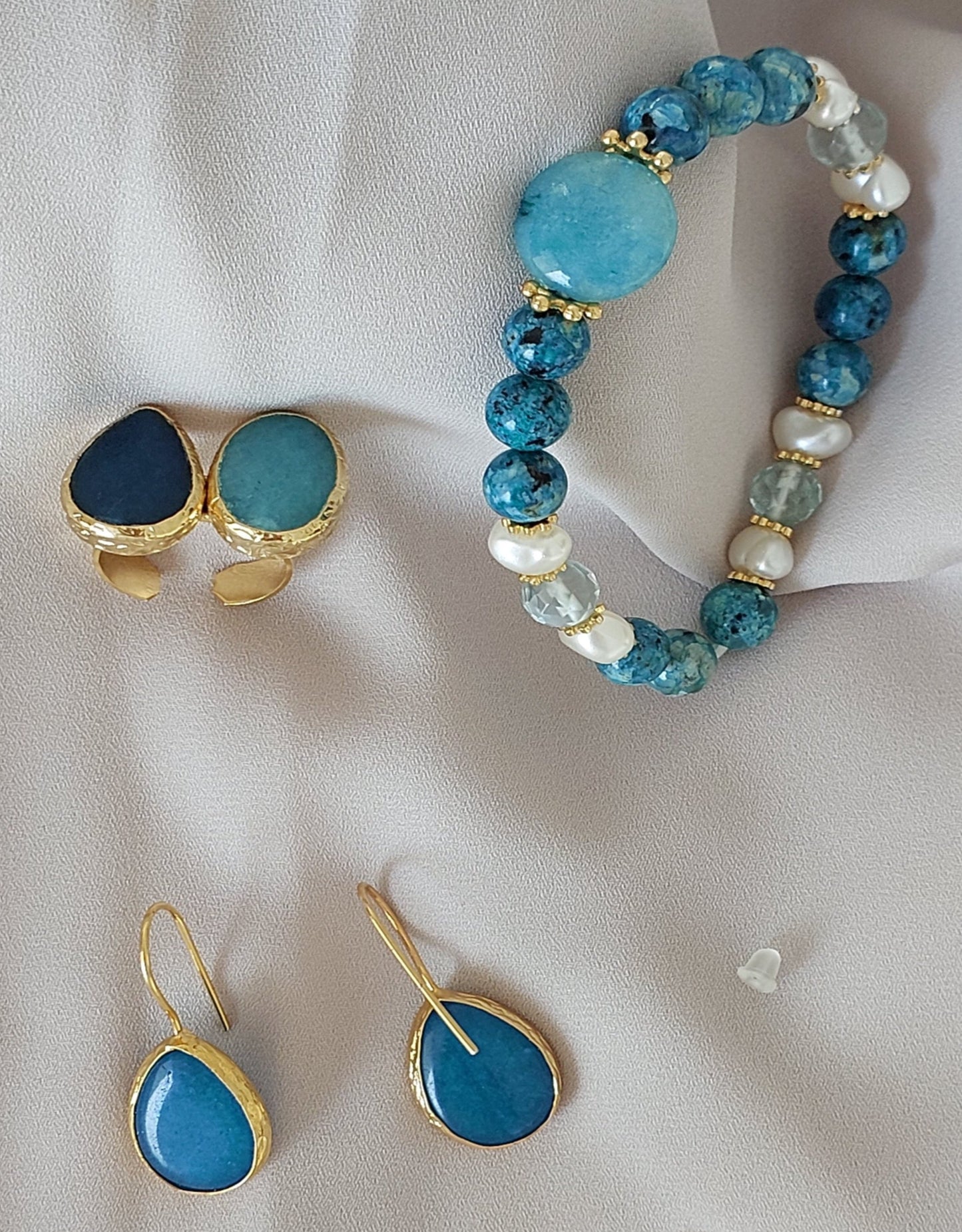 Jewelry Set Double layer Necklace Bracelet Ring Earrings Handmade Gemstones Blue Apatite Stones Great for Gifts 4 pieces