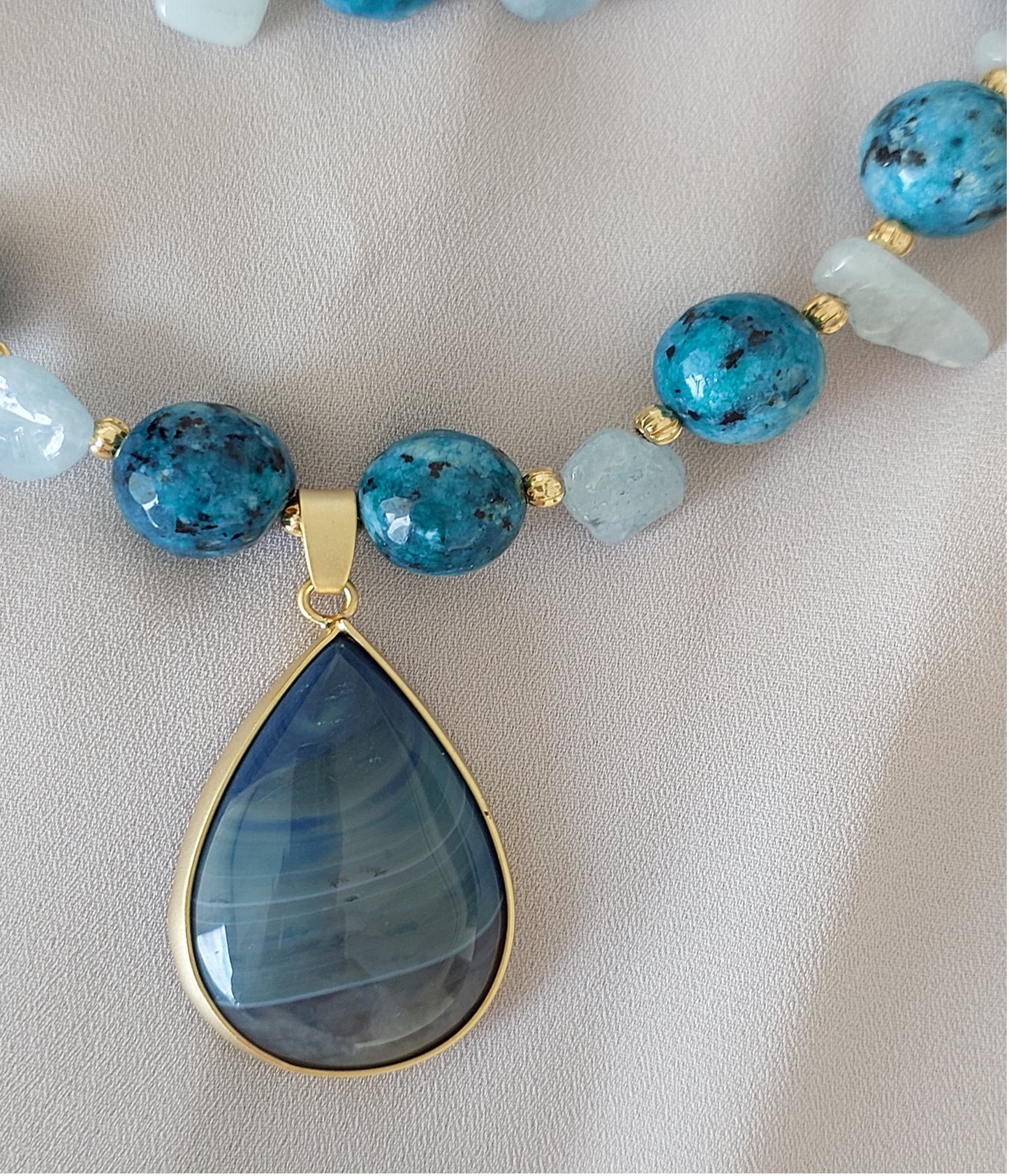 Jewelry Set Double layer Necklace Bracelet Ring Earrings Handmade Gemstones Blue Apatite Stones Great for Gifts 4 pieces